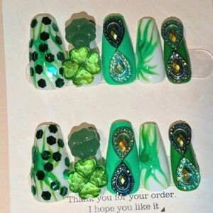 Hand Crafted Green and Black Press-On Nails